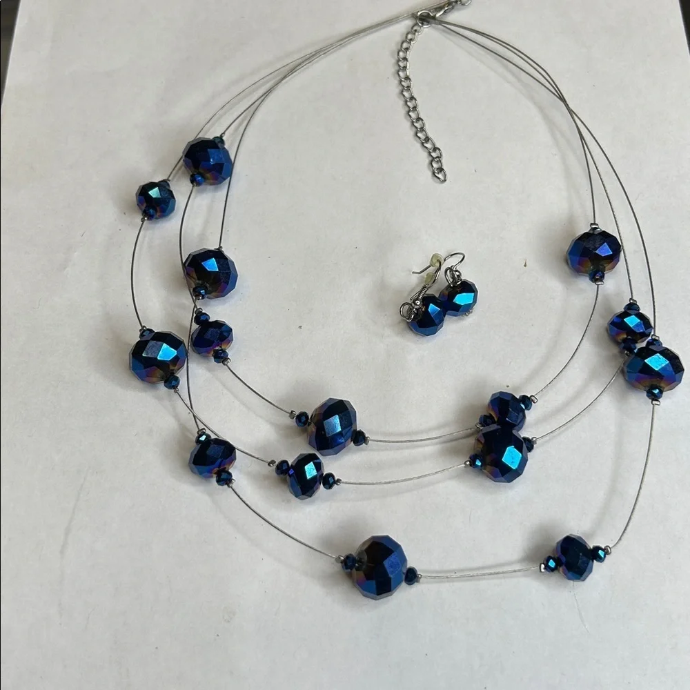 Vintage Charles Klein Blue Beaded Necklace and Earring Set